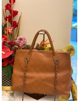 CHANEL LARGE TOTE SHOPPING BAG IN ORANGE QUILTED GRAINED VEGETAL CALFSKIN LEATHER