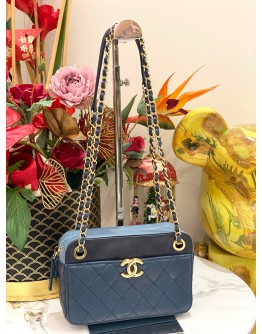 CHANEL CAMERA CASE IN NAVY BLUE LAMBSKIN QUILTED LEATHER