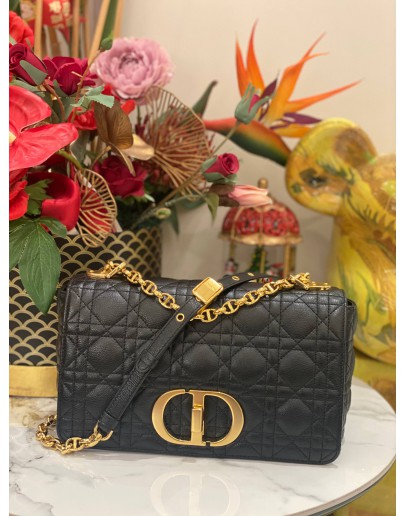 (LIKE NEW) CHRISTIAN DIOR MEDIUM DIOR CARO BAG WITH GOLD CHAIN IN BLACK SUPPLE CANNAGE CALFSKIN LEATHER 