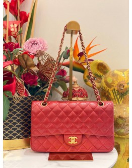 CHANEL RED LAMBSKIN LEATHER CLASSIC MEDIUM DOUBLE FLAP GOLD CHAIN BAG
