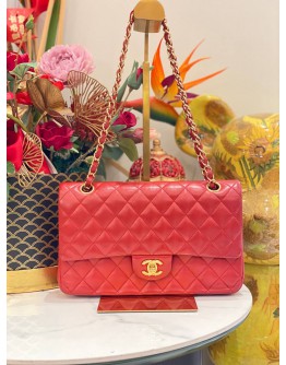 CHANEL RED LAMBSKIN LEATHER CLASSIC MEDIUM DOUBLE FLAP GOLD CHAIN BAG