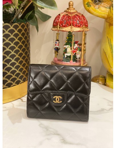 CHANEL CLASSIC SMALL FLAP WALLET IN BLACK LAMBSKIN LEATHER