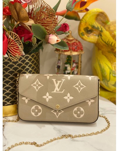 (UNUSED) MICROCHIP LOUIS VUITTON FELICIE BEIGE MONOGRAM EMPREINTE LEATHER FLAP WALLET ON CHAIN BAG - FULL SET-