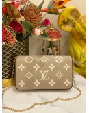 (UNUSED) MICROCHIP LOUIS VUITTON FELICIE BEIGE MONOGRAM EMPREINTE LEATHER FLAP WALLET ON CHAIN BAG - FULL SET-