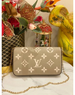 (UNUSED) MICROCHIP LOUIS VUITTON FELICIE BEIGE MONOGRAM EMPREINTE LEATHER FLAP WALLET ON CHAIN BAG - FULL SET-