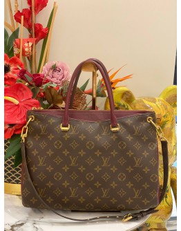 LOUIS VUITTON PALLAS TOP HANDLE AND SHOULDER BAG IN BROWN MONOGRAM CANVAS WITH BURGUNDY CALFSKIN LEATHER