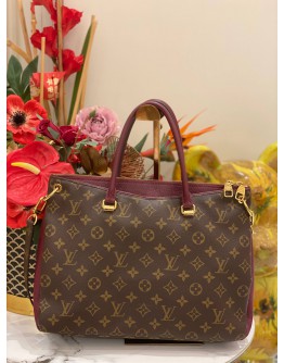 LOUIS VUITTON PALLAS TOP HANDLE AND SHOULDER BAG IN BROWN MONOGRAM CANVAS WITH BURGUNDY CALFSKIN LEATHER