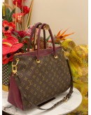 LOUIS VUITTON PALLAS TOP HANDLE AND SHOULDER BAG IN BROWN MONOGRAM CANVAS WITH BURGUNDY CALFSKIN LEATHER