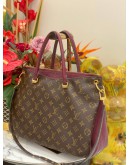 LOUIS VUITTON PALLAS TOP HANDLE AND SHOULDER BAG IN BROWN MONOGRAM CANVAS WITH BURGUNDY CALFSKIN LEATHER