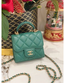 CHANEL MINI CHAIN TOP HANDLE BAG IN GREEN QUILTED LEATHER WITH GOLD TONED HARDWARE