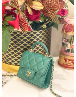 CHANEL MINI CHAIN TOP HANDLE BAG IN GREEN QUILTED LEATHER WITH GOLD TONED HARDWARE