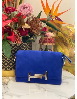 TOD'S DOUBLE T SHOCK BLUE VELVET LEATHER SILVER HARDWARE CROSSBODY BAG