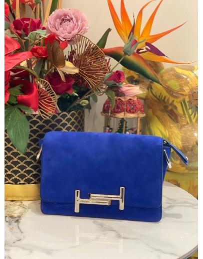 TOD'S DOUBLE T SHOCK BLUE VELVET LEATHER SILVER HARDWARE CROSSBODY BAG