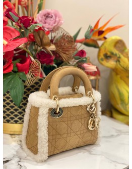 CHRISTIAN DIOR LADY DIOR CANNAGE QUILT SHEARLING MINI CHAIN BAG -FULL SET-