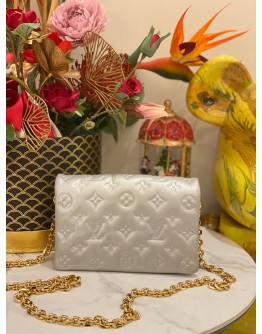 (LIKE NEW) MICROCHIP LOUIS VUITTON POCHETTE COUSSIN IN SOFT LIGHT GREY MONOGRAM EMBOSSED LAMBSKIN LEATHER WITH REMOVABLE CHAIN -FULL SET- 