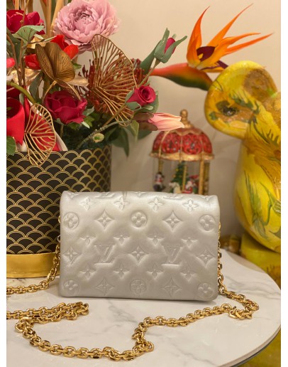 (LIKE NEW) MICROCHIP LOUIS VUITTON POCHETTE COUSSIN IN SOFT LIGHT GREY MONOGRAM EMBOSSED LAMBSKIN LEATHER WITH REMOVABLE CHAIN -FULL SET- 