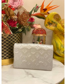 (LIKE NEW) MICROCHIP LOUIS VUITTON POCHETTE COUSSIN IN SOFT LIGHT GREY MONOGRAM EMBOSSED LAMBSKIN LEATHER WITH REMOVABLE CHAIN -FULL SET- 