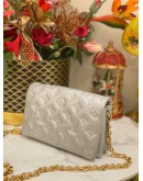 (LIKE NEW) MICROCHIP LOUIS VUITTON POCHETTE COUSSIN IN SOFT LIGHT GREY MONOGRAM EMBOSSED LAMBSKIN LEATHER WITH REMOVABLE CHAIN -FULL SET- 
