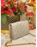 (LIKE NEW) MICROCHIP LOUIS VUITTON POCHETTE COUSSIN IN SOFT LIGHT GREY MONOGRAM EMBOSSED LAMBSKIN LEATHER WITH REMOVABLE CHAIN -FULL SET- 