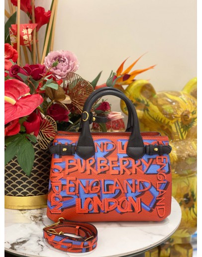 (LIKE NEW) BURBERRY LEATHER PRINTED GRAFFITI BANNER SATCHEL BAG WITH STRAP 