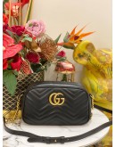 GUCCI GG MARMONT SMALL CAMERA CROSSBODY BAG IN BLACK MATELASSE CHEVRON LEATHER -FULL SET-