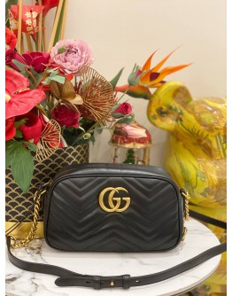 GUCCI GG MARMONT SMALL CAMERA CROSSBODY BAG IN BLACK MATELASSE CHEVRON LEATHER -FULL SET-