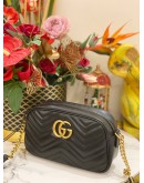 GUCCI GG MARMONT SMALL CAMERA CROSSBODY BAG IN BLACK MATELASSE CHEVRON LEATHER -FULL SET-