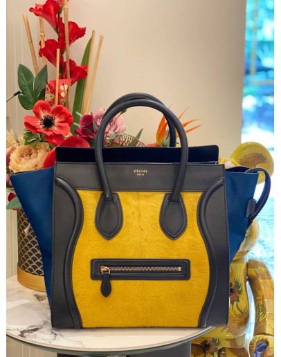 CELINE MINI LUGGAGE TOP HANDLE BAG IN MULTICOLOR PONYHAIR WITH BLACK CALFSKIN LEATHER