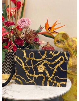 (LIKE NEW) VERSACE MEDUSA CHAIN PRINT POUCH IN BLACK CALFSKIN LEATHER WITH GOLD