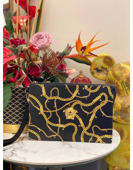 (LIKE NEW) VERSACE MEDUSA CHAIN PRINT POUCH IN BLACK CALFSKIN LEATHER WITH GOLD
