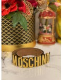 MOSCHINO BLACK LEATHER GOLD LOGO BELT     