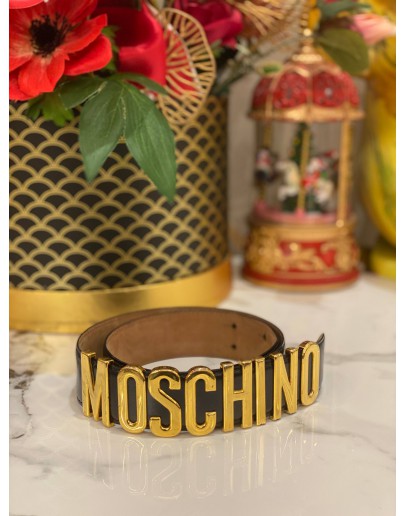 MOSCHINO BLACK LEATHER GOLD LOGO BELT     
