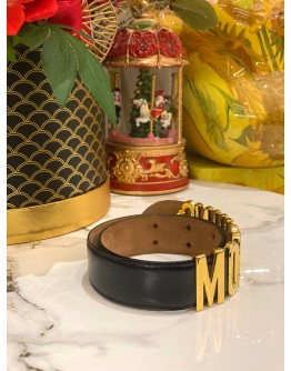 MOSCHINO BLACK LEATHER GOLD LOGO BELT     