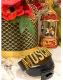 MOSCHINO BLACK LEATHER GOLD LOGO BELT     