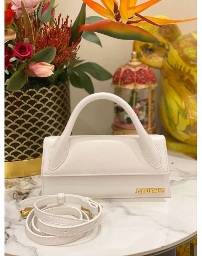 JACQUEMUS THE LONG CHIQUITO TOP HANDLE AND CROSSBODY BAG IN WHITE CALFSKIN LEATHER