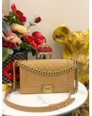 (LIKE NEW) CHANEL MEDIUM BOY BAG IN GOLD BEIGE CAVIAR LEATHER 