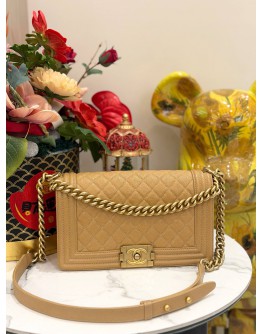 (LIKE NEW) CHANEL MEDIUM BOY BAG IN GOLD BEIGE CAVIAR LEATHER 