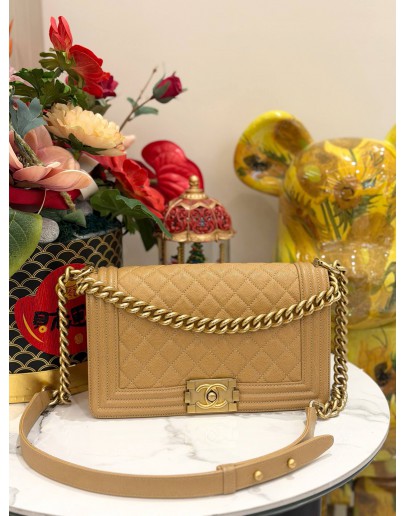 (LIKE NEW) CHANEL MEDIUM BOY BAG IN GOLD BEIGE CAVIAR LEATHER 