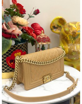 (LIKE NEW) CHANEL MEDIUM BOY BAG IN GOLD BEIGE CAVIAR LEATHER 