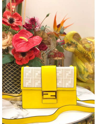 FENDI FLAT MEDIUM BAGUETTE CALFSKIN LEATHER & CANVAS SHOULDER BAG -FULL SET-