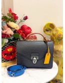 LOUIS VUITTON NEO MONCEAU SLING BAG IN BLACK EPI LEATHER WITH RED TOP HANDLE WITH BLUE STRAP 