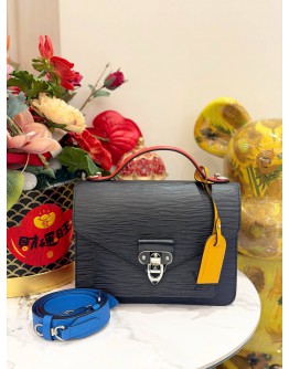 LOUIS VUITTON NEO MONCEAU SLING BAG IN BLACK EPI LEATHER WITH RED TOP HANDLE WITH BLUE STRAP 