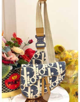 CHRISTIAN DIOR SADDLE IN BLUE OBLIQUE EMBROIDERY WITH TAN LEATHER TRIM