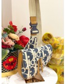 CHRISTIAN DIOR SADDLE IN BLUE OBLIQUE EMBROIDERY WITH TAN LEATHER TRIM