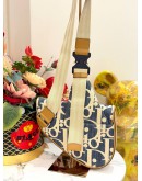 CHRISTIAN DIOR SADDLE IN BLUE OBLIQUE EMBROIDERY WITH TAN LEATHER TRIM
