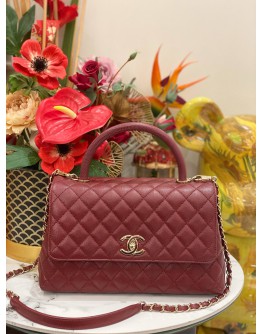 (LIKE NEW) MICROCHIP CHANEL COCO MEDIUM TOP HANDLE BAG IN DARK RED  CAVIAR LEATHER -FULL SET-