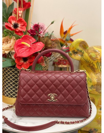 (LIKE NEW) MICROCHIP CHANEL COCO MEDIUM TOP HANDLE BAG IN DARK RED  CAVIAR LEATHER -FULL SET-