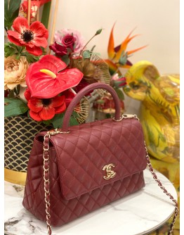 (LIKE NEW) MICROCHIP CHANEL COCO MEDIUM TOP HANDLE BAG IN DARK RED  CAVIAR LEATHER -FULL SET-