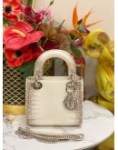 (LIKE NEW) CHRISTIAN DIOR MINI CROCODILE LEATHER  LADY DIOR LIMITED EDITION HANDLE BAG DIAMOND WITH SILVER HARDWARE- FULL SET-
