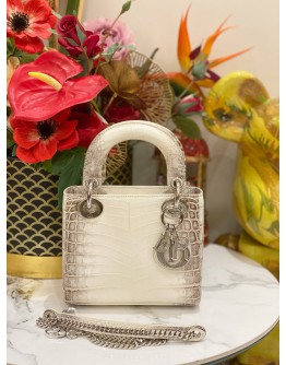 (LIKE NEW) CHRISTIAN DIOR MINI CROCODILE LEATHER  LADY DIOR LIMITED EDITION HANDLE BAG DIAMOND WITH SILVER HARDWARE- FULL SET-